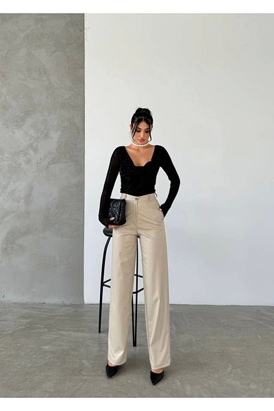 Ecenin Favorileri Se potrivește confortabil - Pantaloni Palazzo din piele artificială Ecru pentru femei