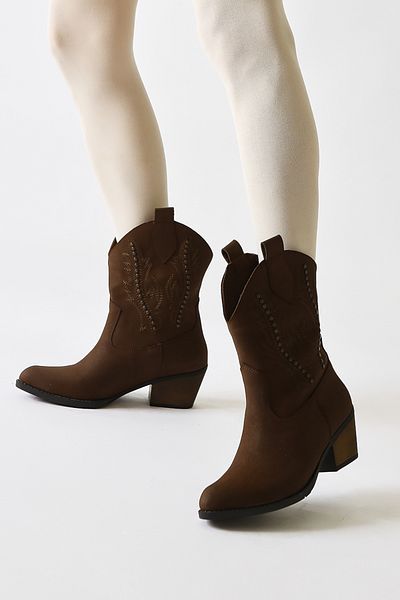 Limoya Fiza Brown, Bitter Brown Color Κεντημένο με μυτερή μύτη με λεπτομέρεια Western γυναικείες μπότες, γυναικείο μποτάκι