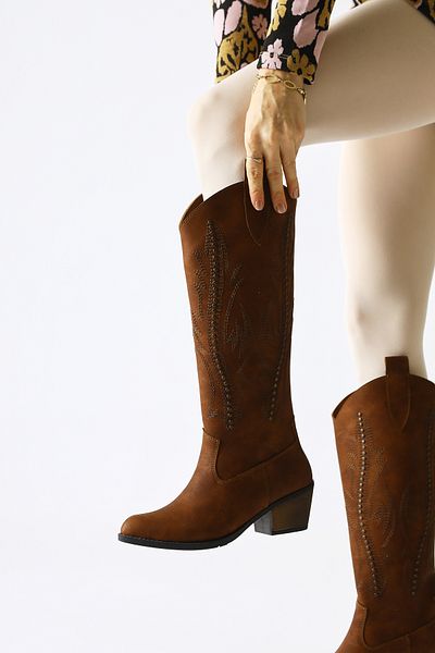 Limoya Fizaro Brown Color - Κεντημένο με καρφιά λεπτομέρεια με μυτερή μύτη Western Cowboy γυναικείες μπότες