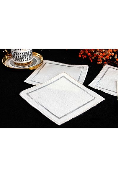 PLT Design 6 Pieces of Elegant Cocktail Napkins with Silver and Silk Detail Appearance Coffee Side Napkin Presentation Napkin