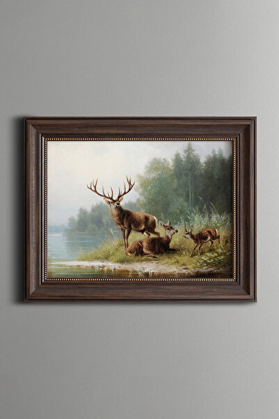 epiqart Göl Kenarında Geyikler - Vintage Desenli Çerçeve