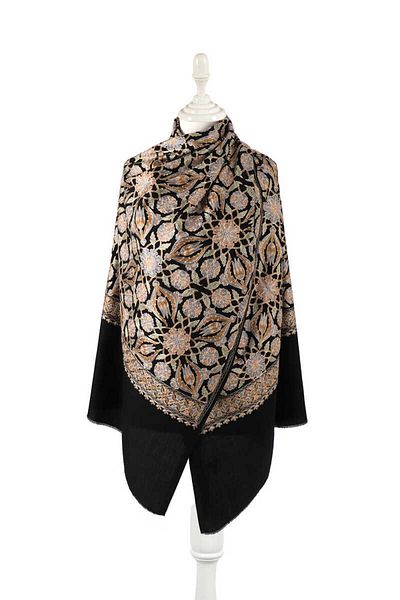 Bursa İpek Black Fully Embroidered Suzani Wool Shawl