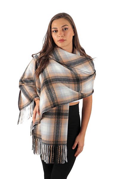 Bursa İpek Camel Black Patterned Winter Shawl