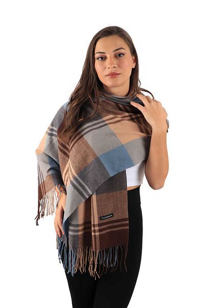 Bursa İpek Blue Brown Patterned Winter Shawl