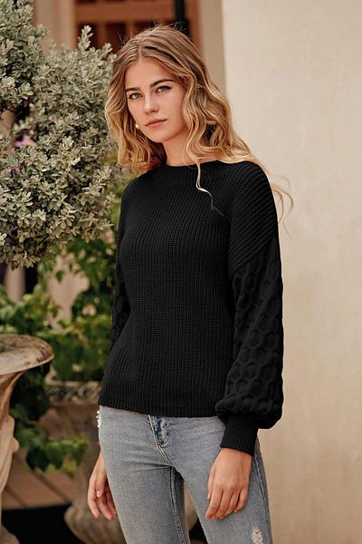 AQE FASHION Tricoturi cu mâneci cu gât crew Pulover de damă NEGRU 2XL