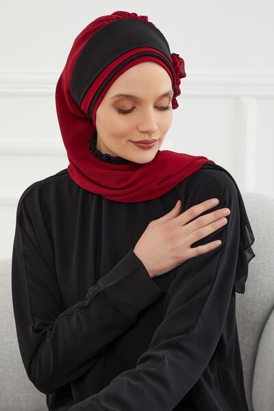 Aisha's Design Σχεδιασμός διπλού χρώματος έτοιμο τουρμπάν από σιφόν, HT-86, μπορντό - μαύρο
