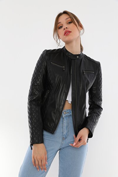 Basics&More سترة نسائية من الجلد الأسود - Kbonny