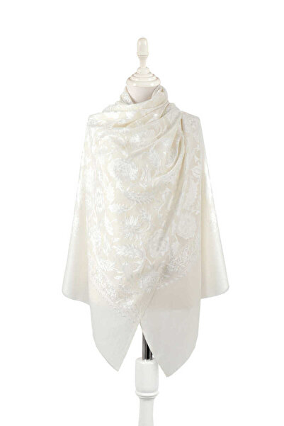 Bursa İpek Ecru Fully Embroidered Suzani Wool Shawl