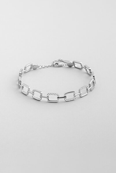 So CHIC... Beyaz Taşlı 18 Ayar Beyaz Altın Kaplama 19 Cm Gümüş Zincir Bileklik