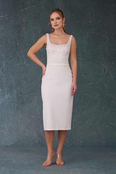 Carmen White Backless Crepe Wedding Dress with Pearls