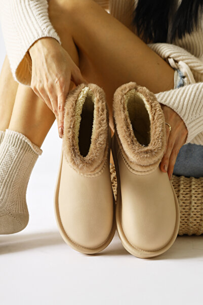 Limoya Rahela Beige Oval Toe Αδιάβροχες Γυναικείες Μπότες με Γούνα Εσωτερικά, Γυναικεία Μποτάκια