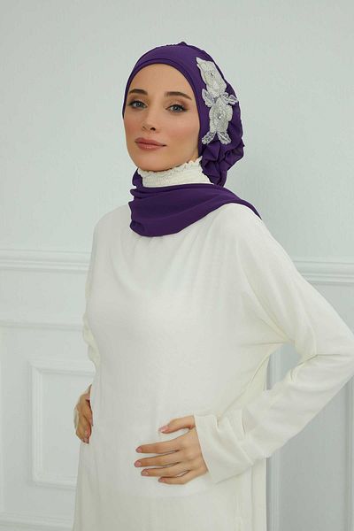 Aisha's Design عمامة شيفون جاهزة - كشكشة جانبية وإكسسوارات زهور، HT-102، HT-102