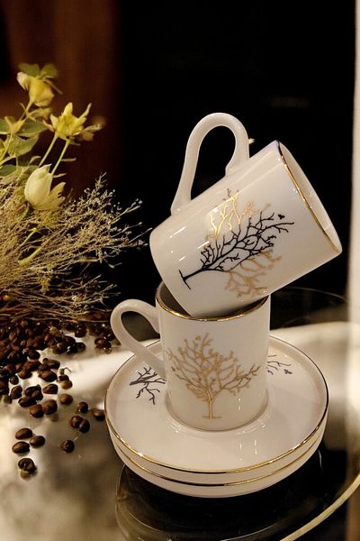 HOMENFA 2-Person (4 Pcs) Gold Gilded, Porcelain, Life Tree Model Coffee Cup Set