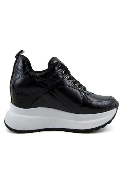 Erkan Saçmacı Aurelia Black White Patent Leather Croco Patterned Lace up Hidden Padding Casual Shoes