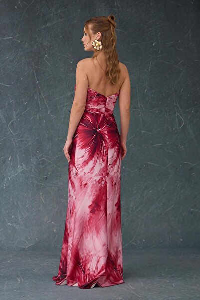 Carmen Bordo Straplez Saten Empirme Abiye Elbise