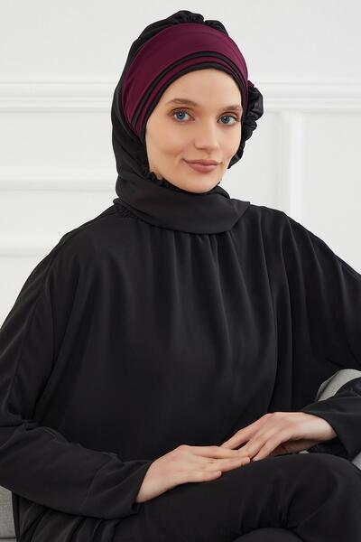 Aisha's Design Σχεδιασμός διπλού χρώματος έτοιμο τουρμπάν από σιφόν, HT-86, Μαύρο - Μούρδι