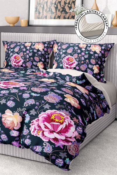 MonoHome %100 Pamuk Saten Nevresim Takımı Lastikli Çarşaf Deluxe Çift Kişilik...