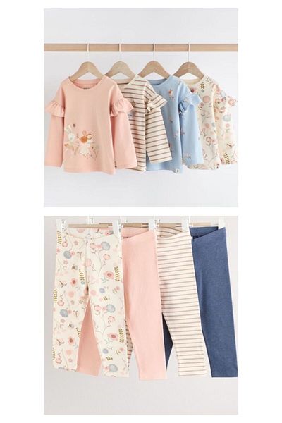 Next Baby Cotton Cream Ballerina Print Long Sleeve Ruffled 4-Piece Tights Bottom Top Set