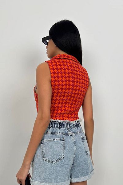 bayansepeti برتقالي Houndstooth زر منقوشة مفصلة طوق القميص سترة المحاصيل 23s12002