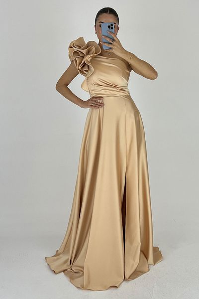 Lafaba Women's Gold One Shoulder Ruffled Long Evening Dress