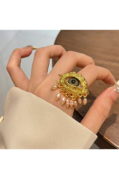 Takıtolia Bohemian Vintage Adjustable Ring with Devil Devil's Eyes Gold-Colored Glaze Pearl Tassel