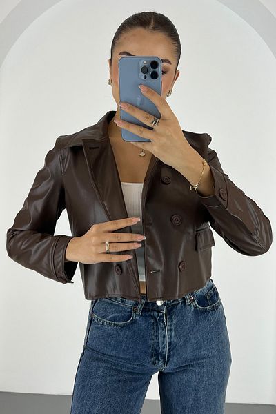 Lafaba Women's Brown Buttoned Short Faux Leather Jacket