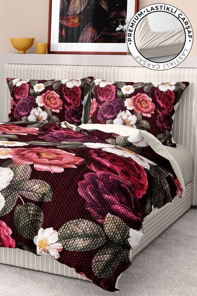 MonoHome 100% Cotton Satin Duvet Cover Set, Fitted Sheet, Deluxe Double 3D Ta...