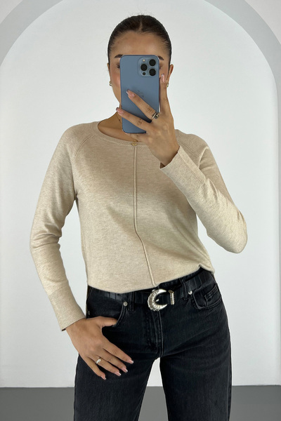 Lafaba Women's Beige Boat Neck Sweater with Side Slits