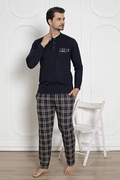 bie's Ανδρικό σετ πιτζάμες με μακρυμάνικο χειμερινό μοτίβο ελαστικό ύφασμα βαμβακερό με μακρυμάνικο χειμερινό μοτίβο με τσέπη στο στήθος