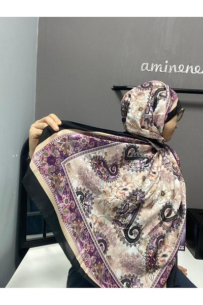 AMİNENESİL Μωβ Μπεζ Ammonenesil Moda Cashmere Μαλακό Βαμβακερό Σάλι - Ethnic Pattern