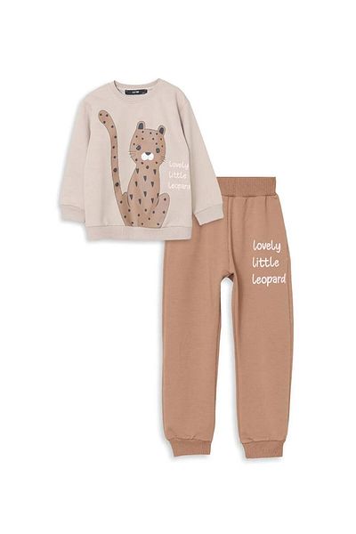 LC Waikiki Lcw Baby Beige Crew Neck Printed Baby Girl Tracksuit Set