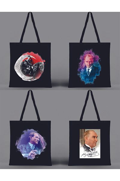 GİFTORA 4 Pieces of Our Designed Ancestor Gazi Mustafa Kemal Atatürk Printed Raw Cloth 35X40 Black Shoulder Bag