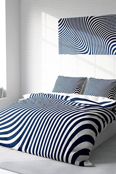 MonoHome Σετ Παπλωματοθήκης Βαμβακερό Σατέν Διπλό 3D Digital Blue Line