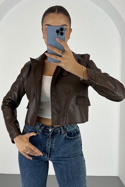 Lafaba Women's Brown Buttoned Short Faux Leather Jacket