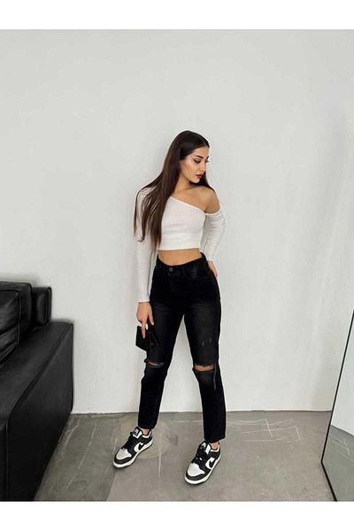 SHEVEGA Women Black Double Knee Laser Ripped High Boyfriend Mom Jeans Pants