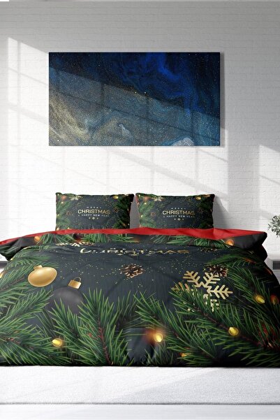 MonoHome New Year Duvet Cover Set 100% Natural Cotton Merry Christmas Double Navy Blue