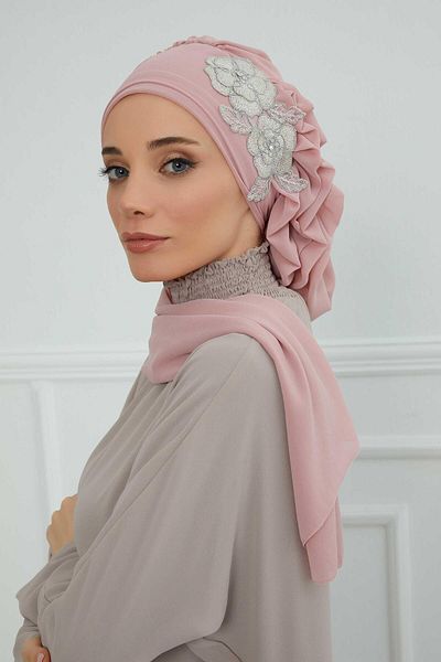 Aisha's Design عمامة شيفون جاهزة - كشكشة جانبية وإكسسوارات زهور، HT-102، HT-102