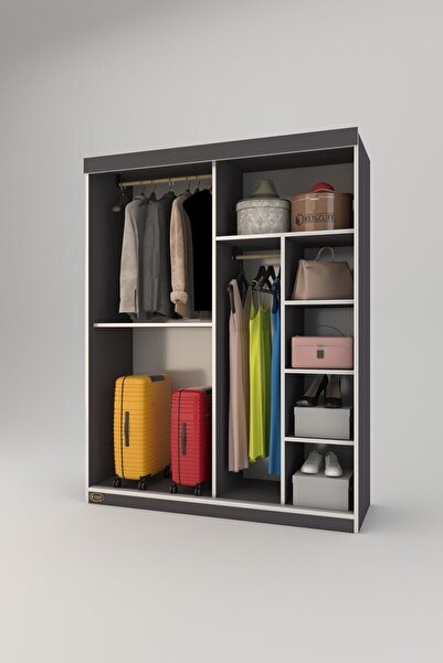 Kenzlife Gardırop Sürgülü Kapaklı Kapılı 140 Papatya Gri Aynalı Gardolap Dolap