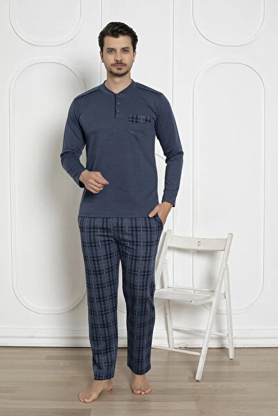 bie's Ανδρικό σετ πιτζάμες με καρό σχέδιο Indigo L ελαστικό ύφασμα βαμβακερό μακρυμάνικο χειμερινό σετ πιτζάμες με τσέπη στο στήθος