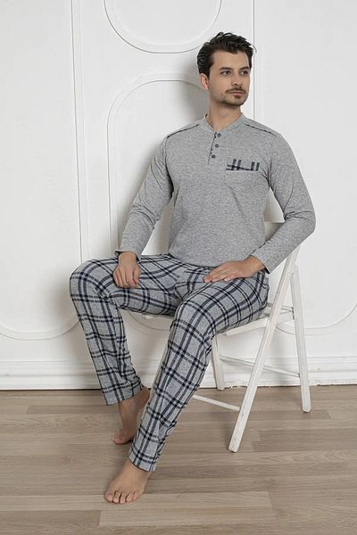bie's Ανδρικό σετ πιτζάμες με καρό σχέδιο Lycra βαμβακερό μακρυμάνικο χειμερινό Interlock με τσέπη στο στήθος