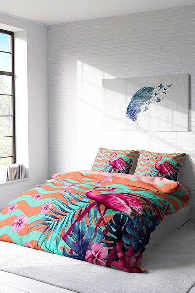 MonoHome Set lenjerie de pat din satin de bumbac dublu 3D digital turcoaz fla...