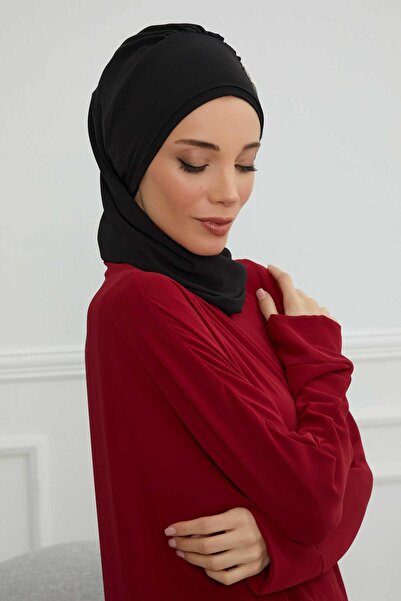 Aisha's Design Έτοιμο τουρμπάνι από σιφόν με αξεσουάρ λουλουδιών με βολάν στο πλάι, HT-102, HT-102, Μαύρο-Ασημί