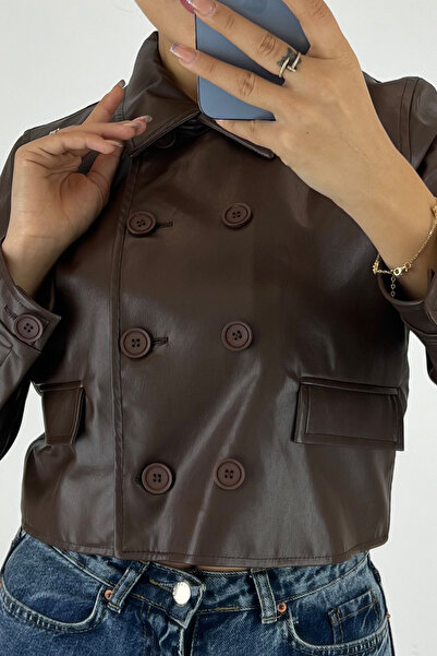 Lafaba Women's Brown Buttoned Short Faux Leather Jacket