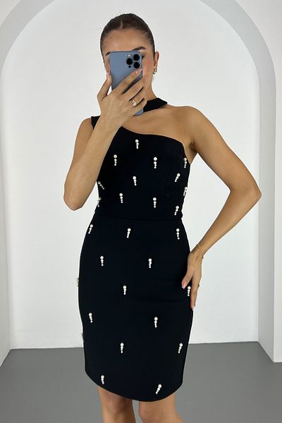 Lafaba Γυναικείο βραδινό νυφικό φόρεμα με μαύρο μαργαριτάρι Mini Promise Engagement