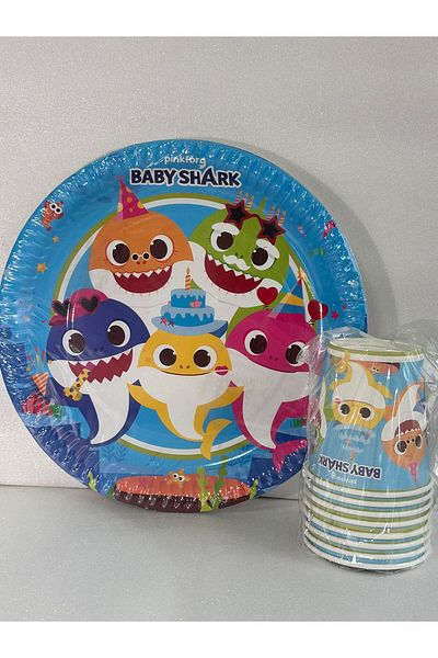 Cadde Süs Baby Shark Set of 8 Paper Plates and Cups