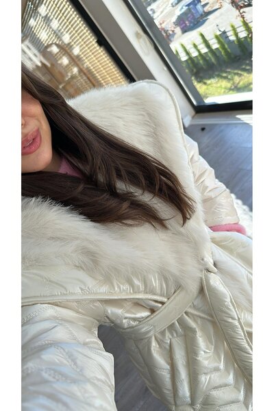 bymaestro woman Palton de damă cu guler blană din material strălucitor