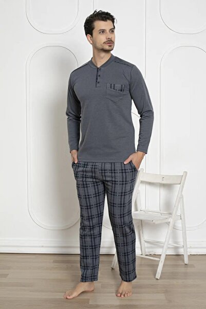 bie's Ανδρικό σετ πιτζάμες με καπνιστό καρό σχέδιο ελαστικό ύφασμα βαμβακερό μακρυμάνικο χειμερινό σετ πιτζάμες με τσέπη στο στήθος