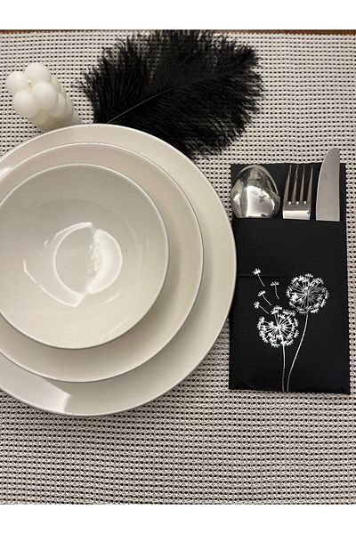 kidspartim Silver Gilded Black Pocketed Chicory Blossom Napkin 12 Pieces
