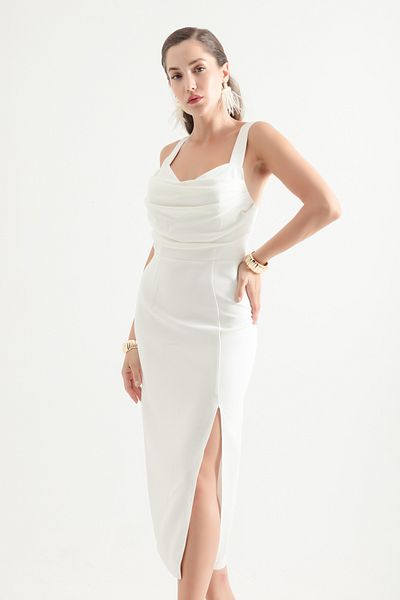 Lafaba Λευκό Midi Γυναικείο Φόρεμα - Strappy and Draped