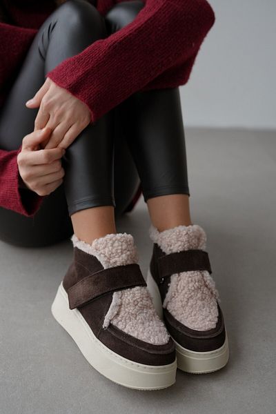 selinshoes Marvil Genuine Suede Plush Detailed Velcro Women's Boots - Bitter Brown